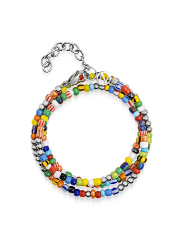 Nialaya Men's Beaded Bracelet Men's Wrap Bracelet with Assorted Vintage Trifocal Beads and Silver
